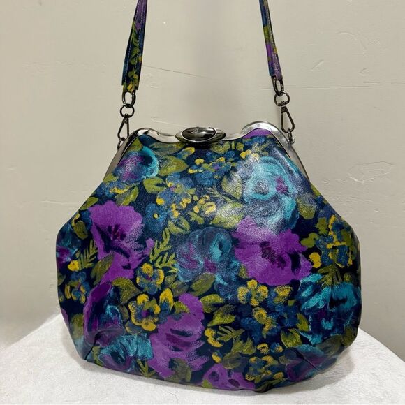 Original Design! Cowhide Leather Floral Print Handmade Metal Frame Slouchy Bag - Picture 2 of 16